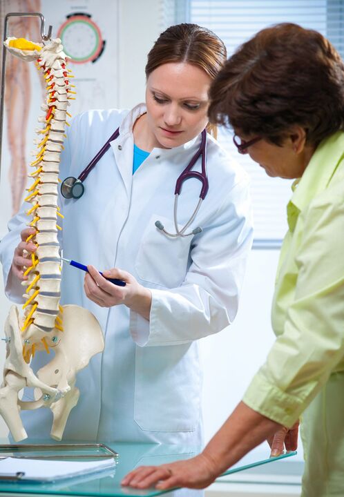 lekarz demonstruje osteochondrozę kręgosłupa na makiecie